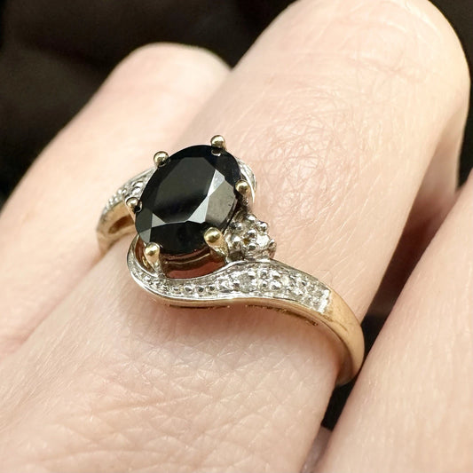 9Ct Yellow Gold Sapphire & Diamond Accent Ring - Sz O