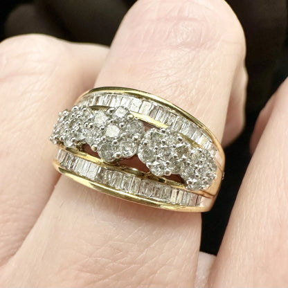 9Ct Yellow Gold .50 TW Baguette & Brilliant Cut Diamond Three Row Cluster Ring