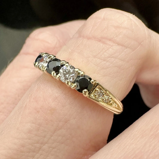 9Ct Yellow Gold Vintage Birmingham Sapphire & Diamond Simulant Band Ring Sz K