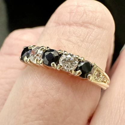 9Ct Yellow Gold Vintage Birmingham Sapphire & Diamond Simulant Band Ring Sz K