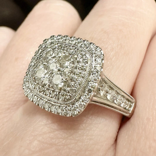 10Ct White Gold Halo 1.00 Carat TW Diamond Ring Sz T