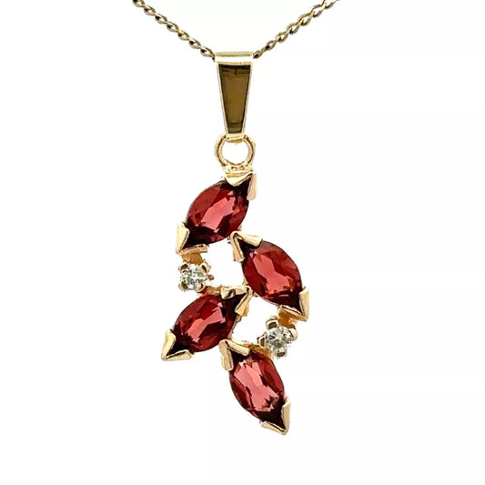 9Ct Yellow Gold Ornate Marquise Cut Garnet & Diamond Accent Charm Pendant