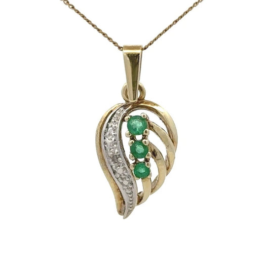9Ct Yellow Gold Ornate Emerald & Diamond Accent Pendant