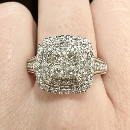 10Ct White Gold Halo 1.00 Carat TW Diamond Ring Sz T