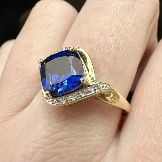 9Ct Yellow Gold Cushion  Cut Created Sapphire & Diamond Ring - Sz Q 1/2