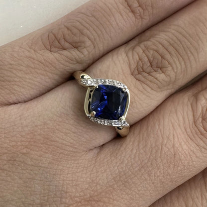 9Ct Yellow Gold Cushion  Cut Created Sapphire & Diamond Ring - Sz Q 1/2