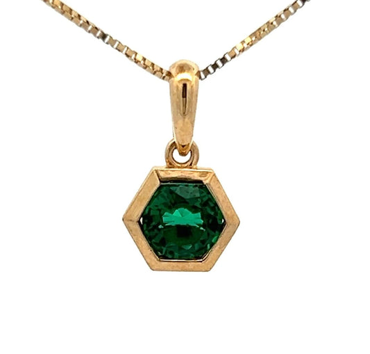 9Ct Yellow Gold Created Emerald Hexagon Bezel Charm Pendant