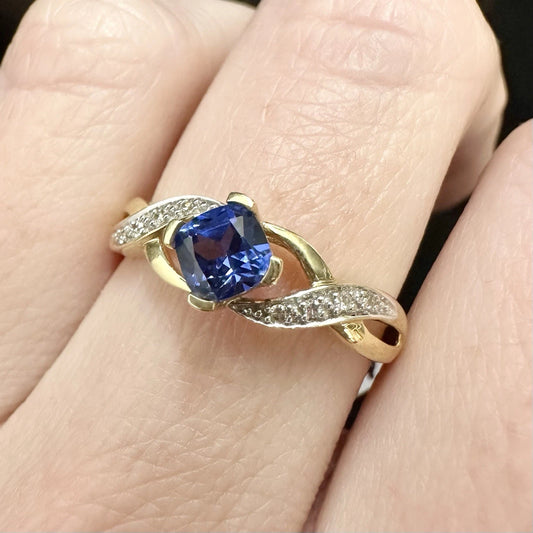 9Ct Yellow Gold Cushion Cut Ceylon Sapphire & Diamond Ring - Sz Q