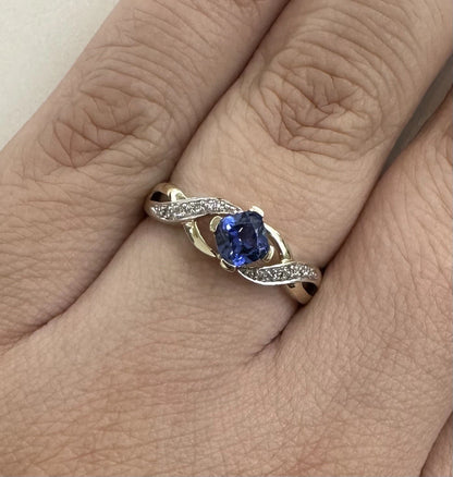 9Ct Yellow Gold Cushion Cut Ceylon Sapphire & Diamond Ring - Sz Q