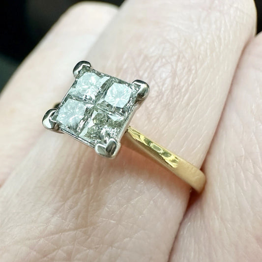 18Ct Yellow Gold Princess Cut Diamond Cluster Ring