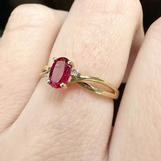 9Ct Yellow Gold Created Ruby & Diamond Accent Ring - Sz L 1/2