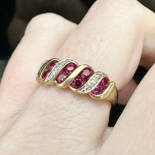9Ct Yellow Gold Created Ruby and Diamond Ring - Sz N