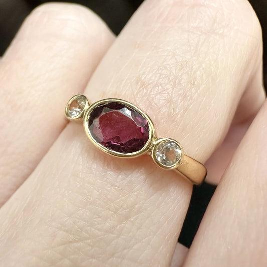 18Ct Yellow Gold Created Rhodolite and CZ Accent Ring - Sz L 1/2