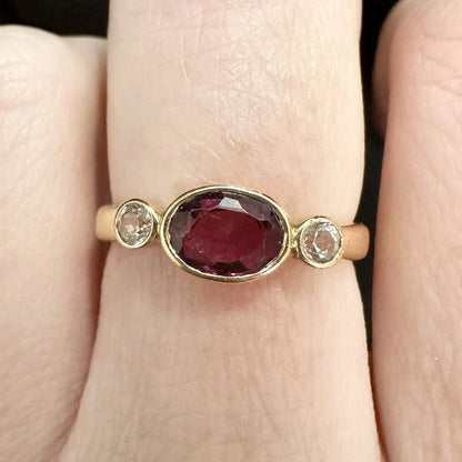 18Ct Yellow Gold Created Rhodolite and CZ Accent Ring - Sz L 1/2