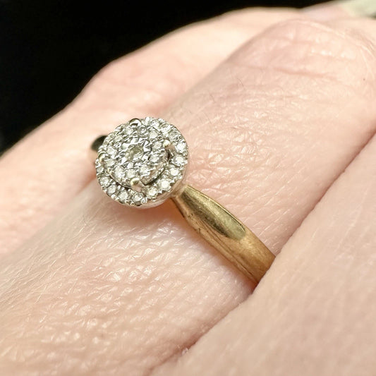 9Ct Yellow Gold Diamond Halo Ring Sz N