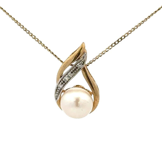 9Ct Two-Toned Gold Pearl & Diamond Accent Charm Pendant