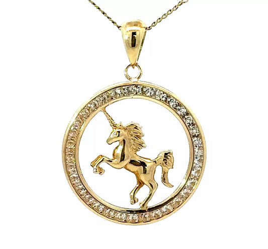 9Ct Yellow Gold Unicorn Pendant With CZ Accents