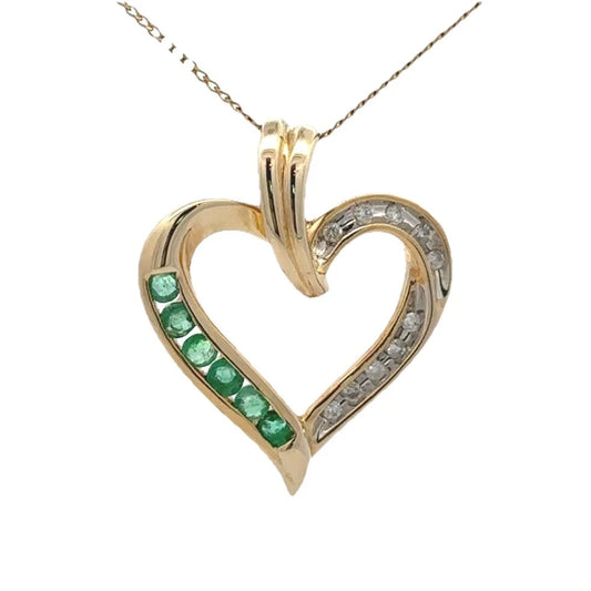 9Ct Yellow Gold Emerald & Diamond Heart Pendant