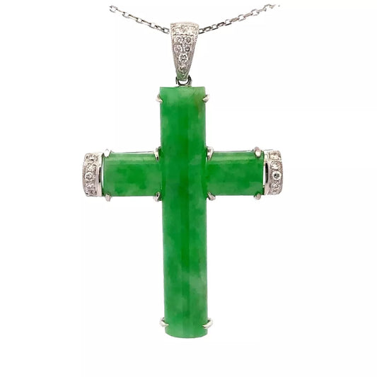 18Ct White Gold Jadeite .16CT TW Diamond Set Cross Pendant