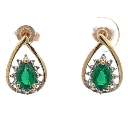 9Ct Yellow Gold Pear Cut Created Emerald Stud Earrings