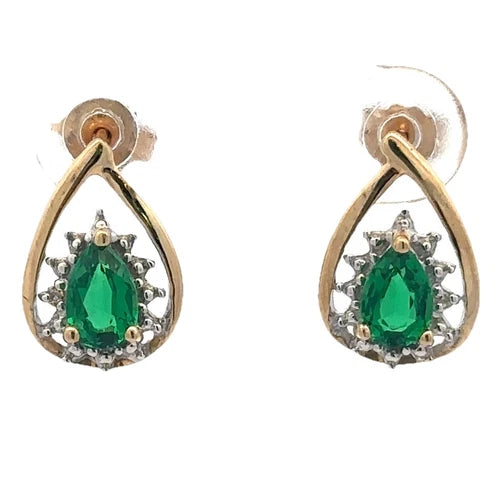 9Ct Yellow Gold Pear Cut Created Emerald Stud Earrings